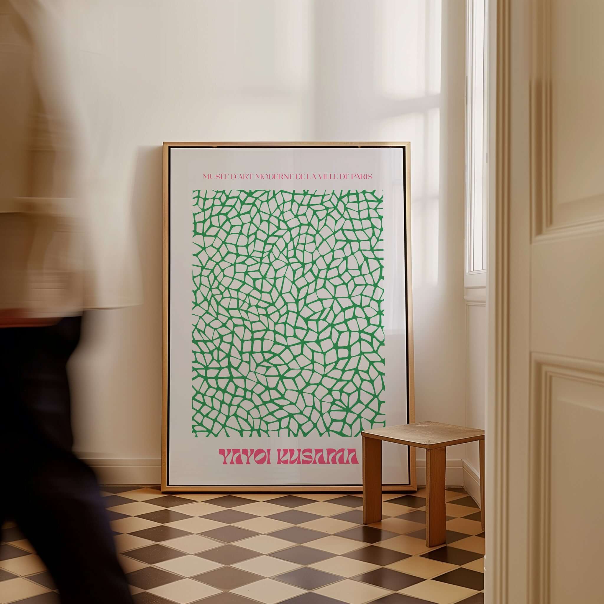 Yayoi Kusama Green Net Pattern Abstract Contemporary Art Print Paris Poster Decor displayed in a stylish interior.
