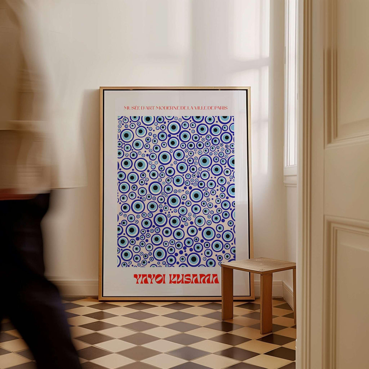 Yayoi Kusama Evil Eye Pattern Blue Contemporary Art Print Poster Paris Wall Decor displayed in a stylish room setting.