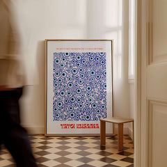 Yayoi Kusama Evil Eye Pattern Blue Contemporary Art Print Poster Paris Wall Decor displayed in a stylish room setting.