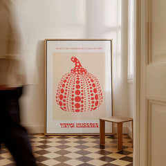 Yayoi Kusama Red Pumpkin Polka Dot Pop Art Print Poster Paris Exhibition Wall Art displayed in a stylish interior.