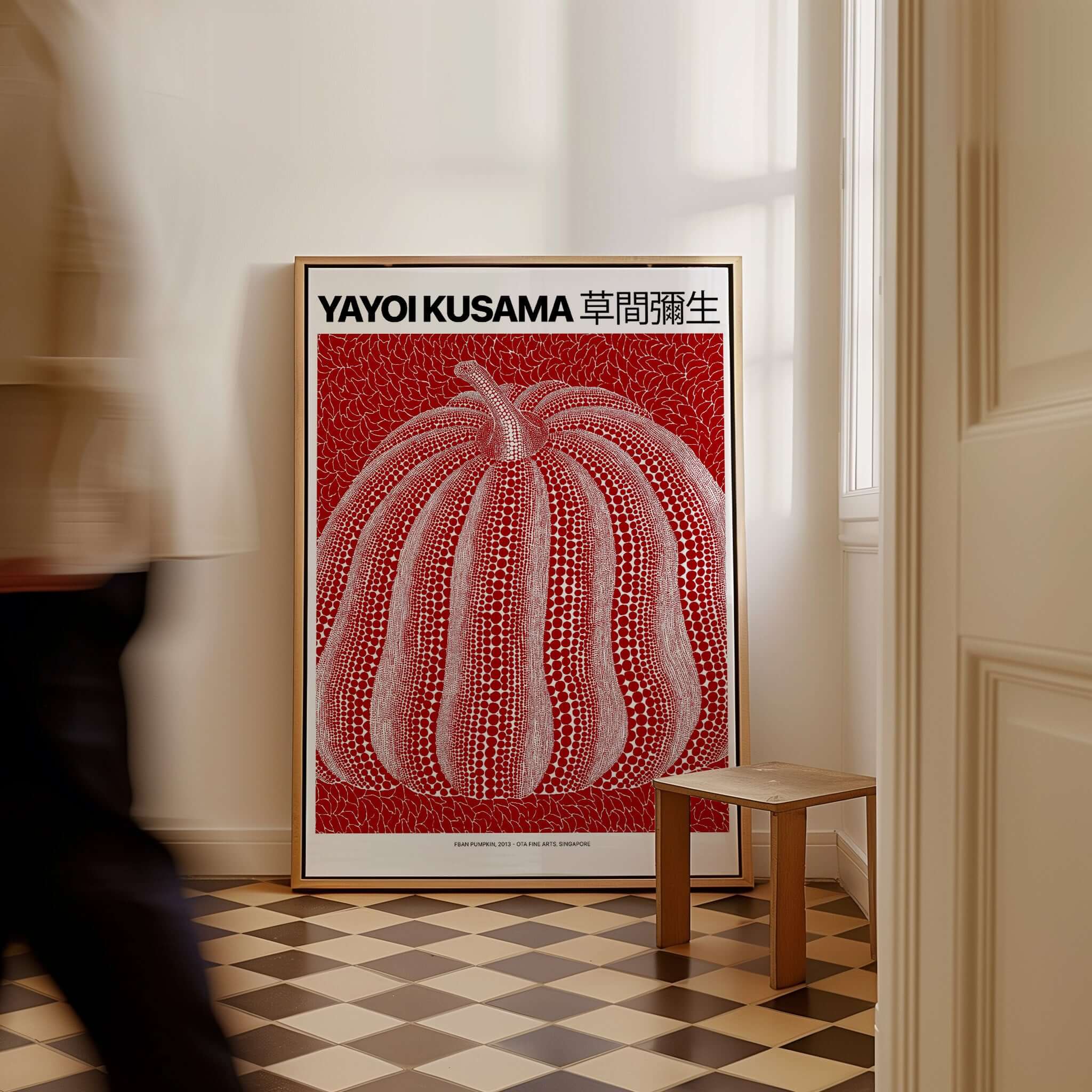 Yayoi Kusama Red White Pumpkin 2013 Singapore Exhibition Art Print Poster Polka Dot displayed in a stylish interior setting.