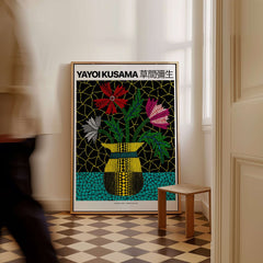 Yayoi Kusama Flowers Vase 1996 Polka Dot Art Print Contemporary Japanese Poster displayed in a room.