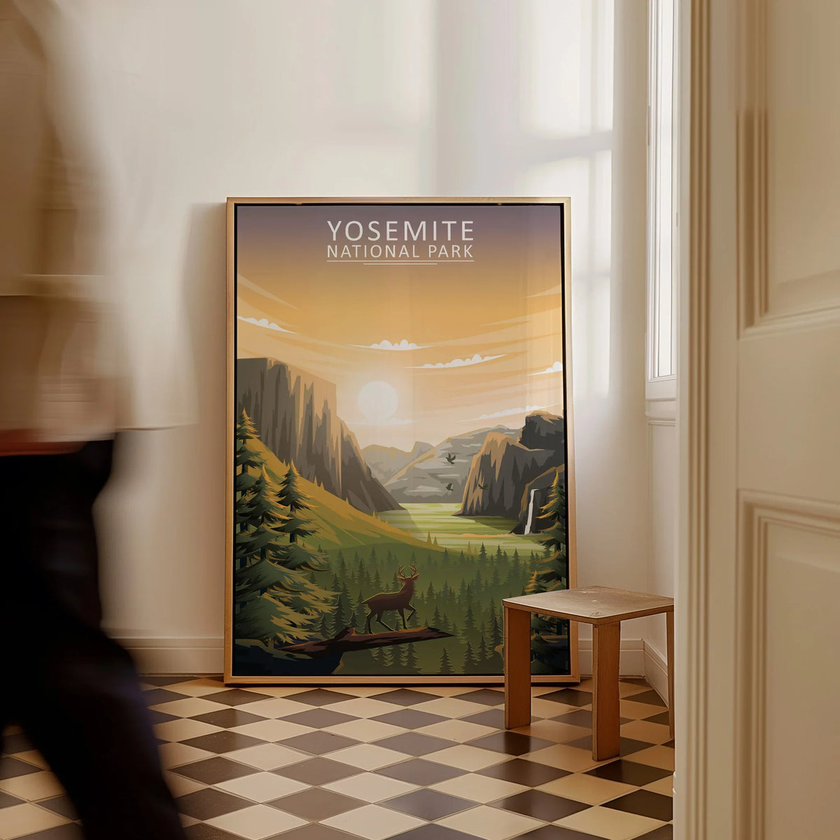Framed Yosemite National Park poster with scenic landscape art leaning on wall