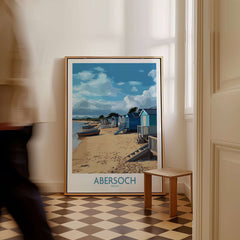 Abersoch Wales Beach Huts Art Print | Coastal Boats Wall Decor Poster showcasing colorful beach huts and boats.