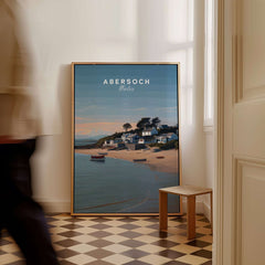 Abersoch Llyn Peninsula Shoreline View Canvas Print | Welsh Seaside Travel Poster displayed in a stylish interior.