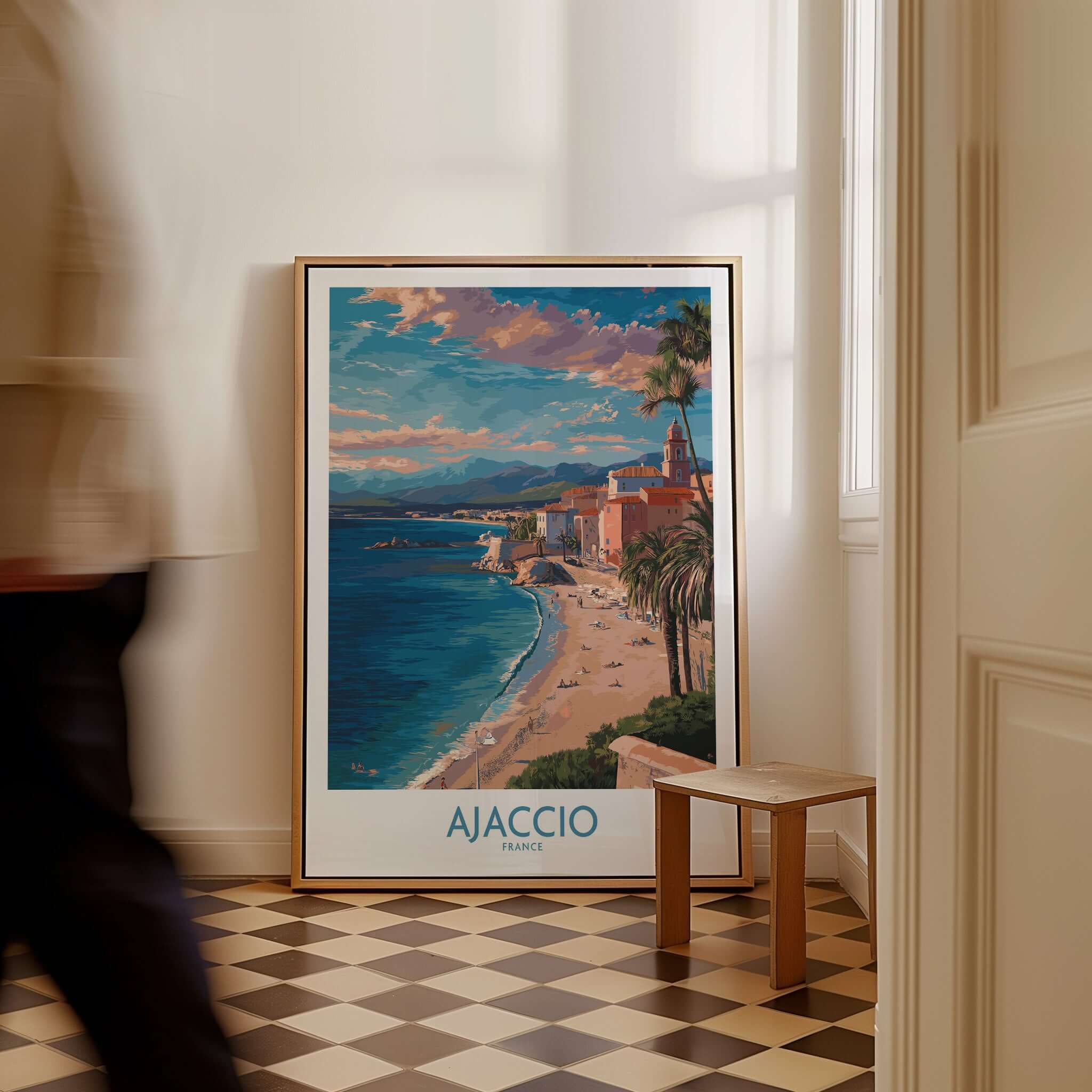 Ajaccio France Coastal Beach Art Print | Corsica Sunset City Poster featuring a colorful coastal scene and a vintage design.