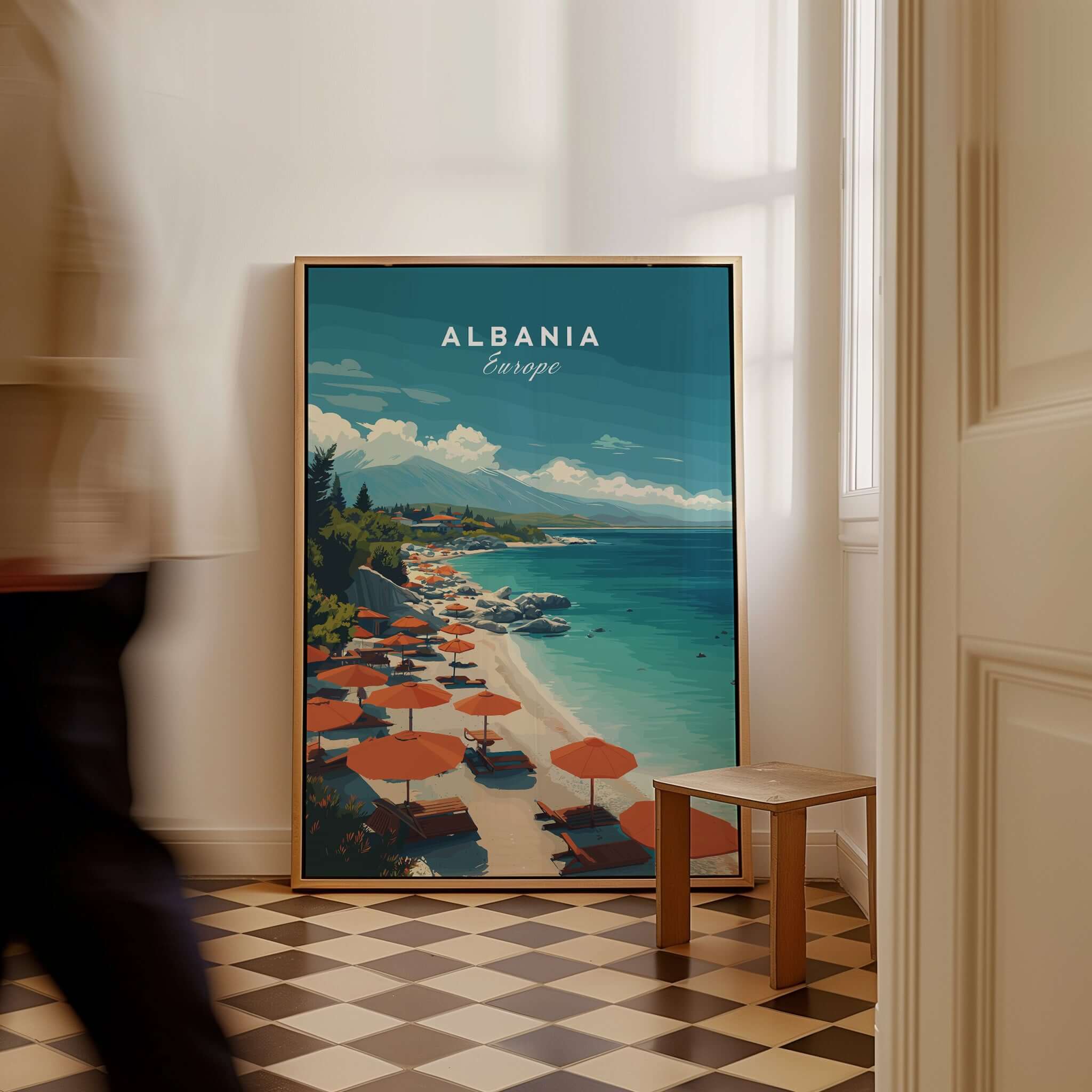 Albania Canvas Print | Balkan Travel Wall Decor showcasing a stunning beach scene with umbrellas and a vibrant coastal view.