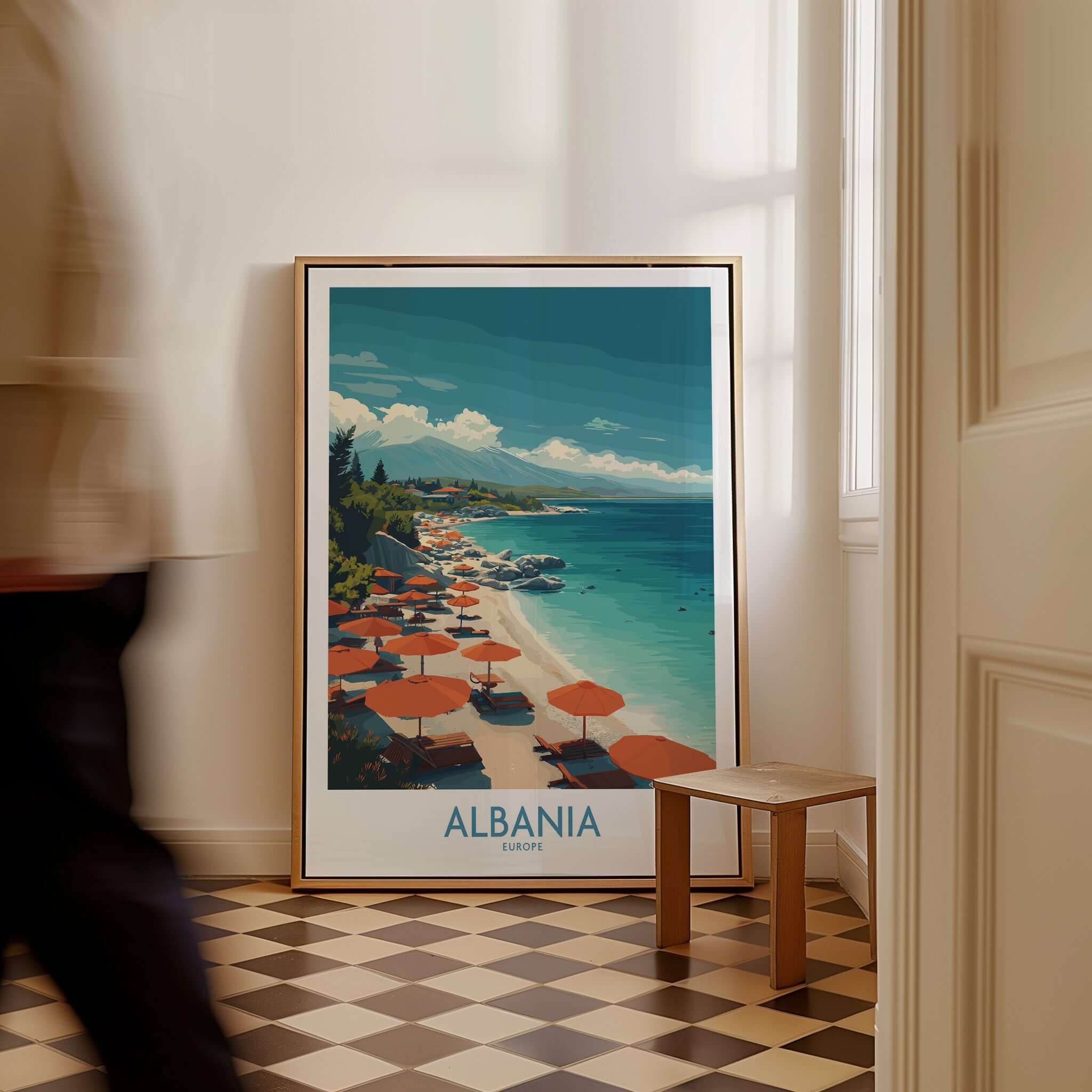 Albania Art Print | Beach Poster featuring a vibrant coastal scene with beach umbrellas and serene water.