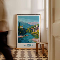 Albania Historic Stone Bridge Art Print | Mountain River Landscape Poster displayed in a home interior