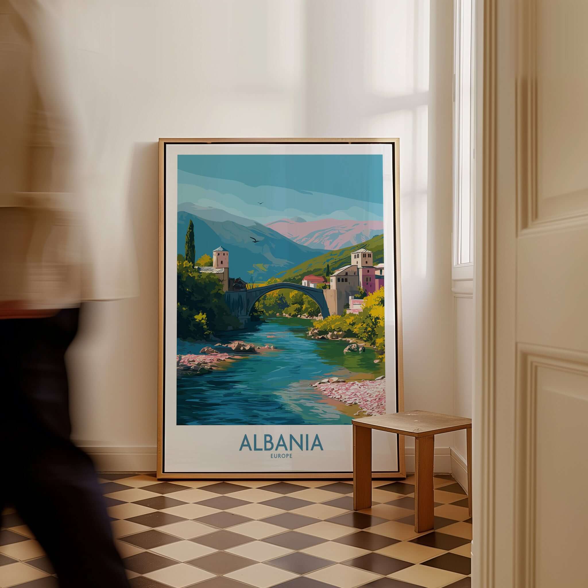 Albania Historic Stone Bridge Art Print | Mountain River Landscape Poster displayed in a home interior