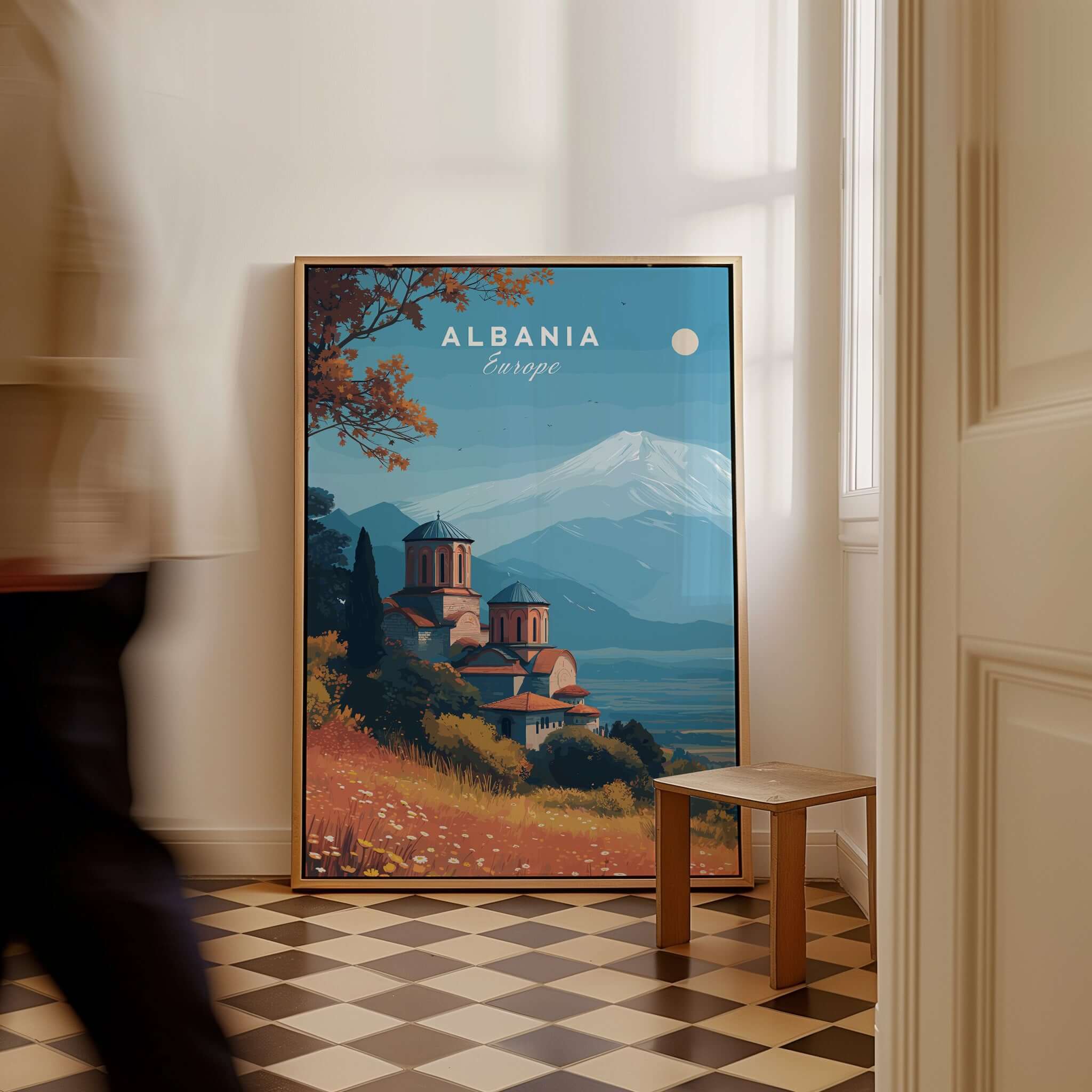 Albania Canvas Print | Framed and Unframed Travel Wall Decor showcasing monastery-on-hill with mountainous background.