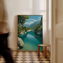 Albania Canvas Art Print showcasing a serene river landscape with mountains, perfect for nature lovers and home decor.