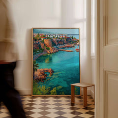 Antalya Marina and Red Tower Canvas Print | Turkish Coastal Wall Decor showcasing vibrant coastal scenery.