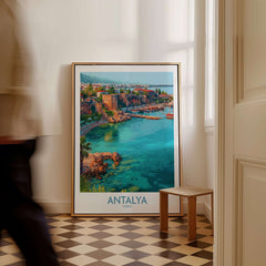 Antalya Turkey Old Harbor Art Print | Mediterranean Bay Travel Poster displayed in a home interior setting.