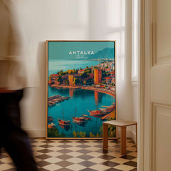 Antalya Canvas Print | Turkish Beach Wall Art featuring a vibrant coastal view of Antalya, Turkey in a stylish interior setting.