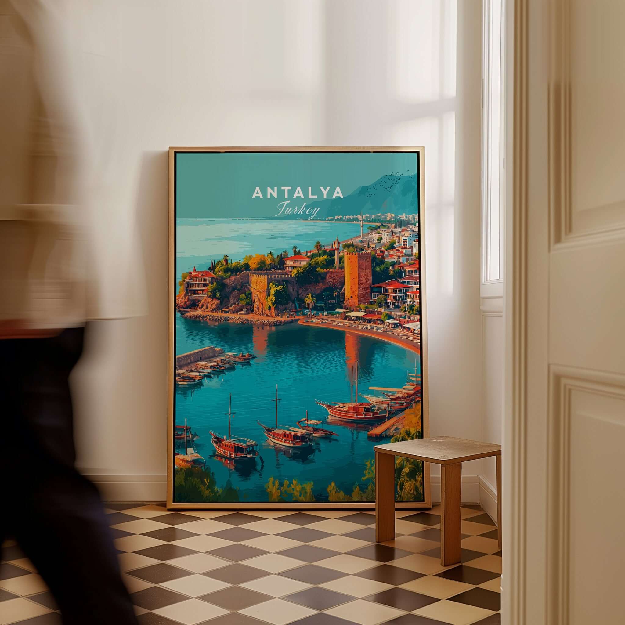 Antalya Canvas Print | Turkish Beach Wall Art featuring a vibrant coastal view of Antalya, Turkey in a stylish interior setting.