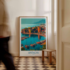 Antalya Turkey Kaleci Port Art Print | Historic Red Tower Poster displayed in a stylish room, showcasing vibrant coastal scenery.