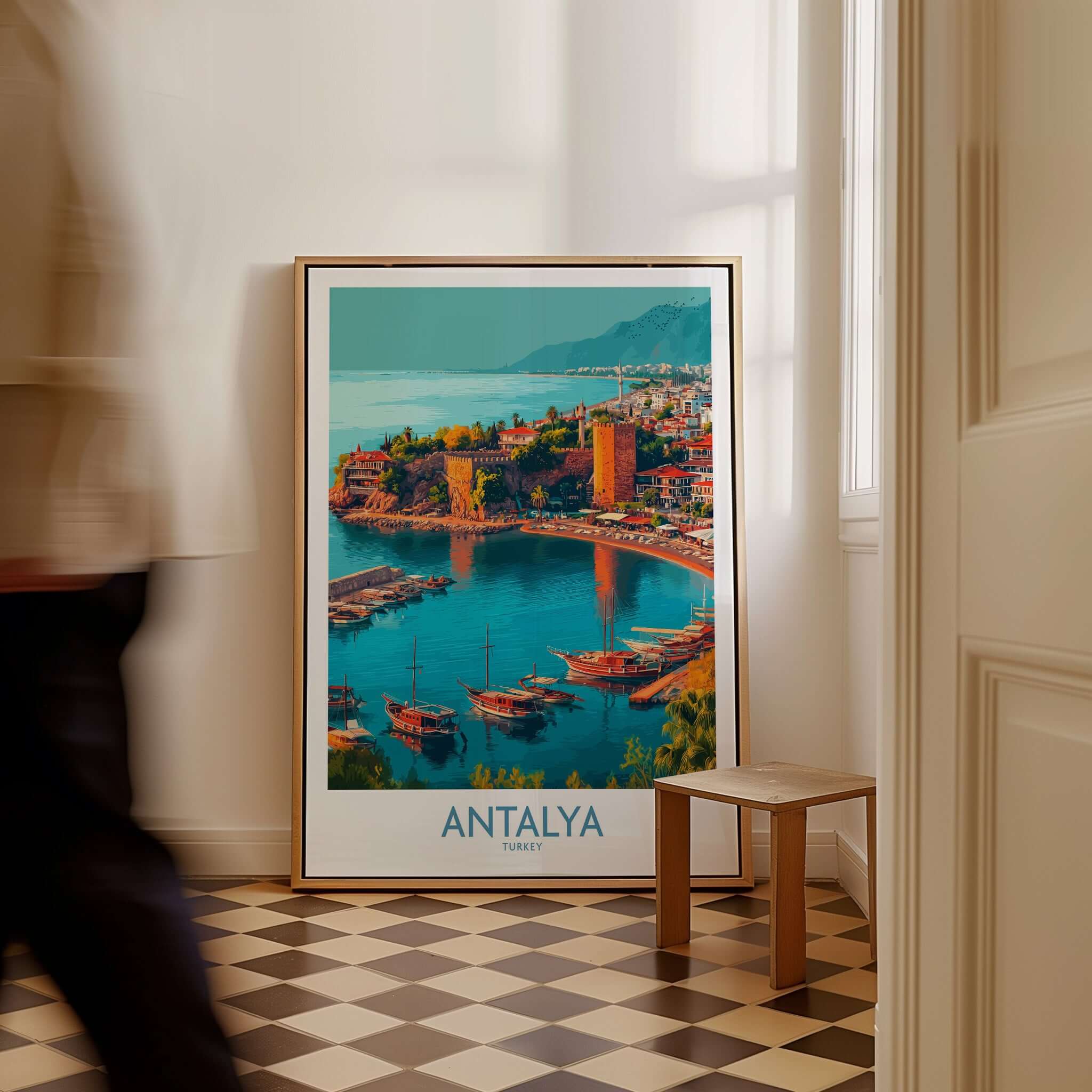 Antalya Turkey Kaleci Port Art Print | Historic Red Tower Poster displayed in a stylish room, showcasing vibrant coastal scenery.