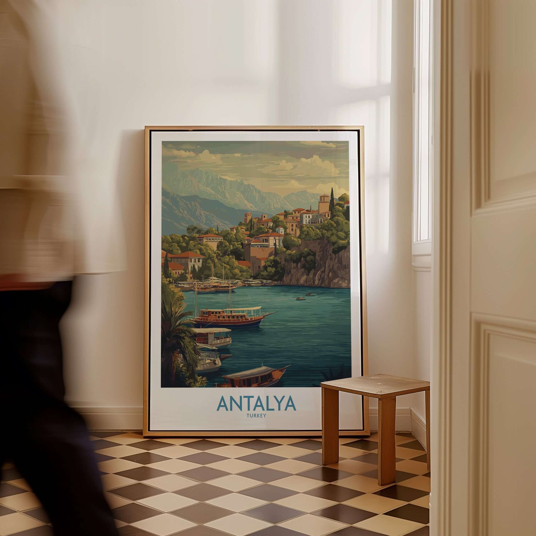 Antalya Turkey Harbour Cliff Art Print | Taurus Mountains View Poster displayed in a stylish interior setting.