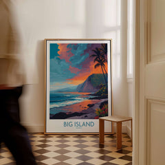 Big Island Hawaii Sunset Beach Art Print | Tropical Palm Tree Poster displayed in modern interior setting.