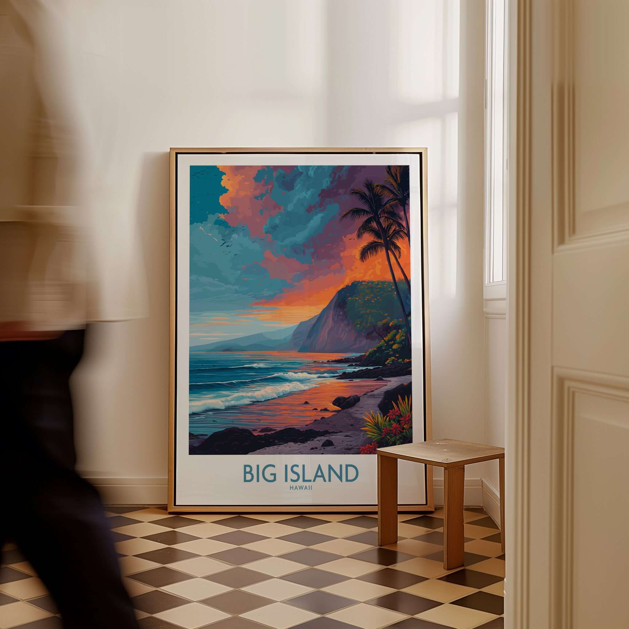 Big Island Hawaii Sunset Beach Art Print | Tropical Palm Tree Poster displayed in modern interior setting.