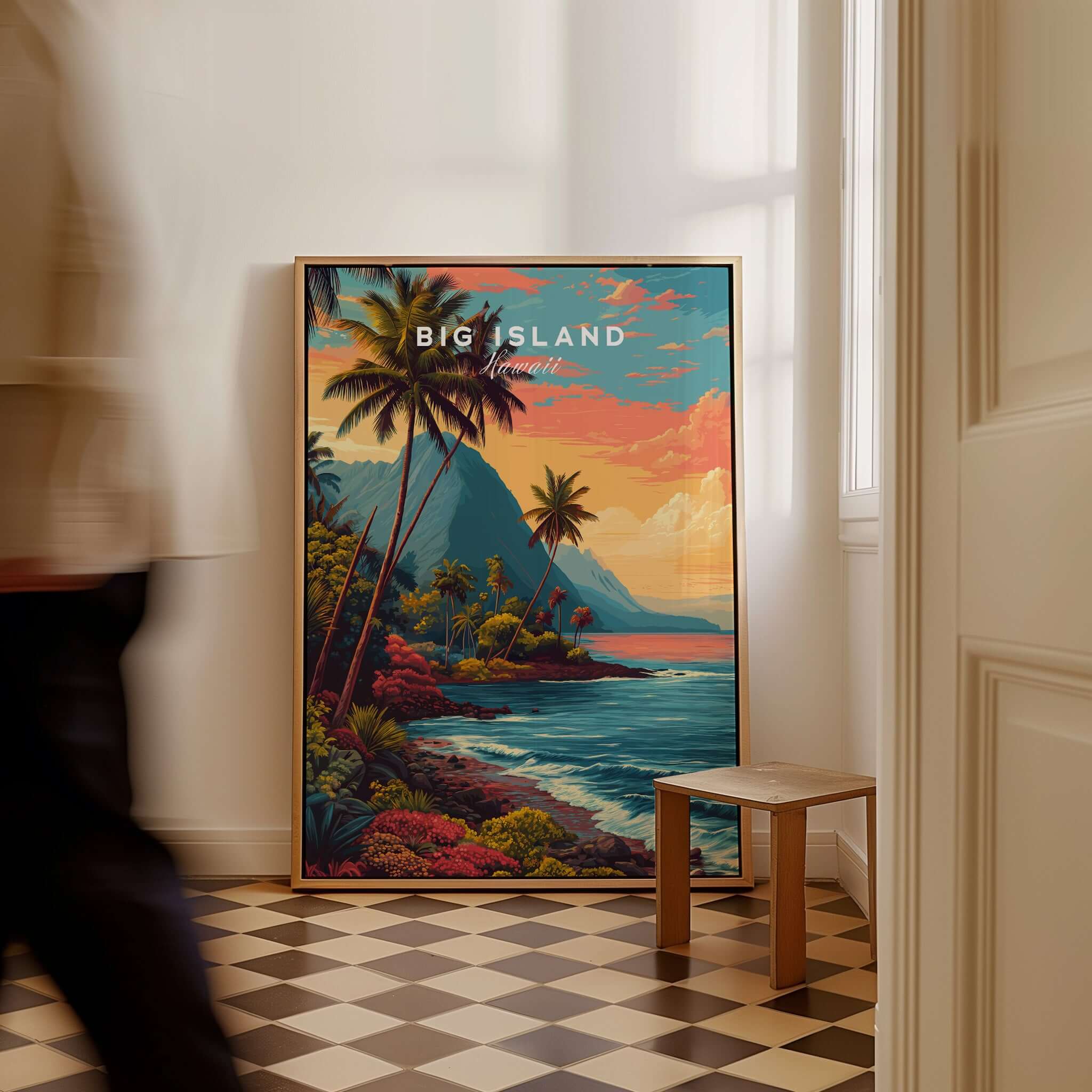 Big Island Hawaii Kona Coast Canvas Art Print | Vibrant Hawaiian Wall Art featuring a vibrant landscape of mountains and palm trees.