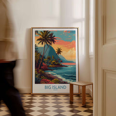 Big Island Hawaii Tropical Beach Art Print | Lush Green Coast Poster framed in a modern interior setting with a person walking by.