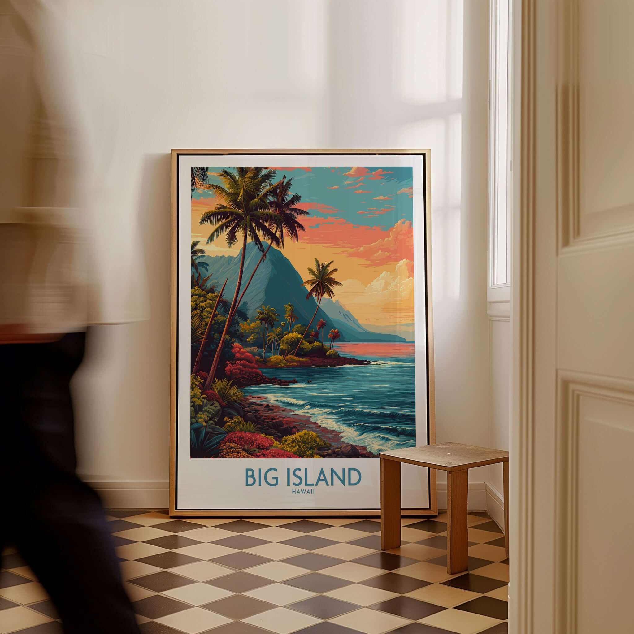 Big Island Hawaii Tropical Beach Art Print | Lush Green Coast Poster framed in a modern interior setting with a person walking by.