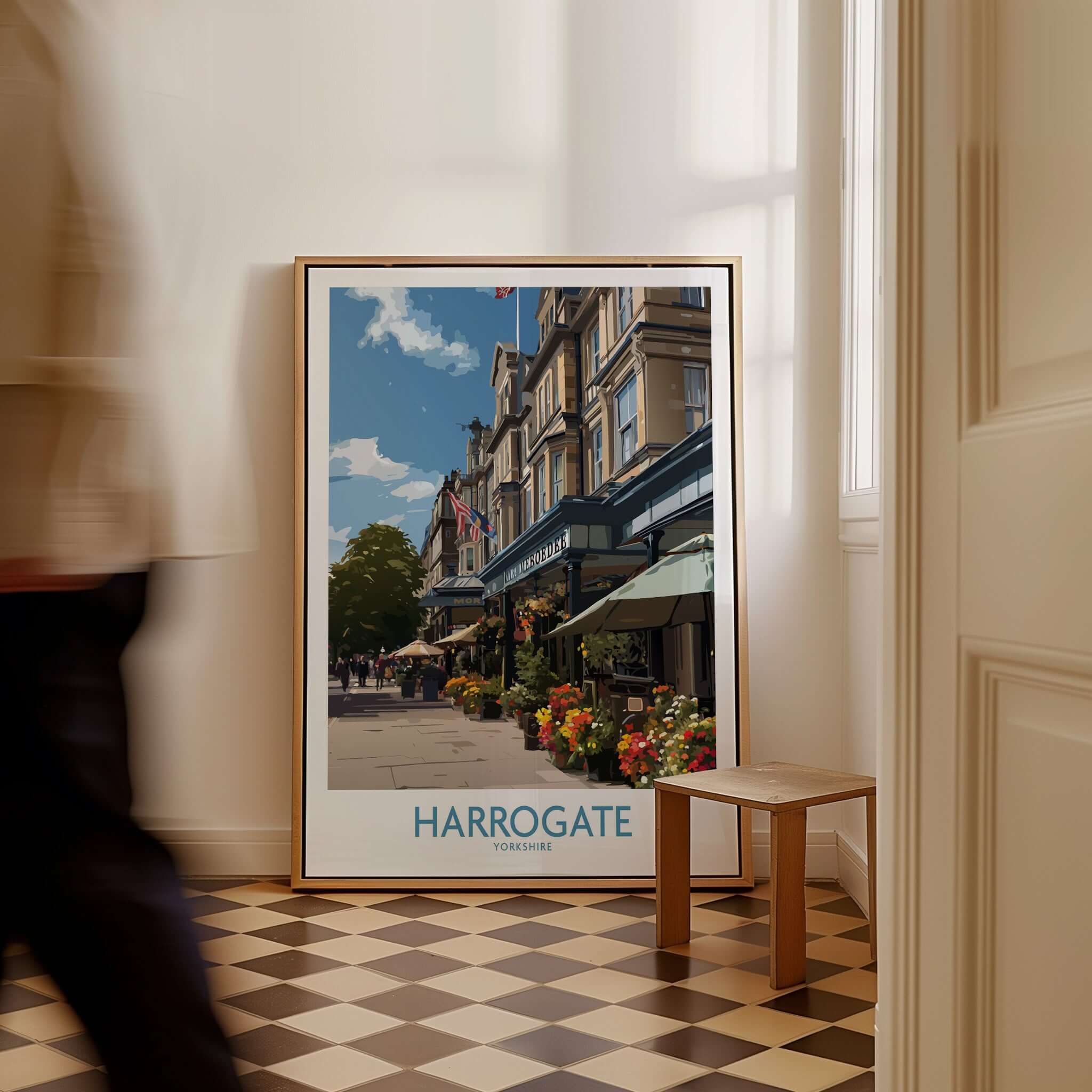 Harrogate Yorkshire Art Print | Floral Cafe Scene Poster in a stylish home setting with a vintage floor.