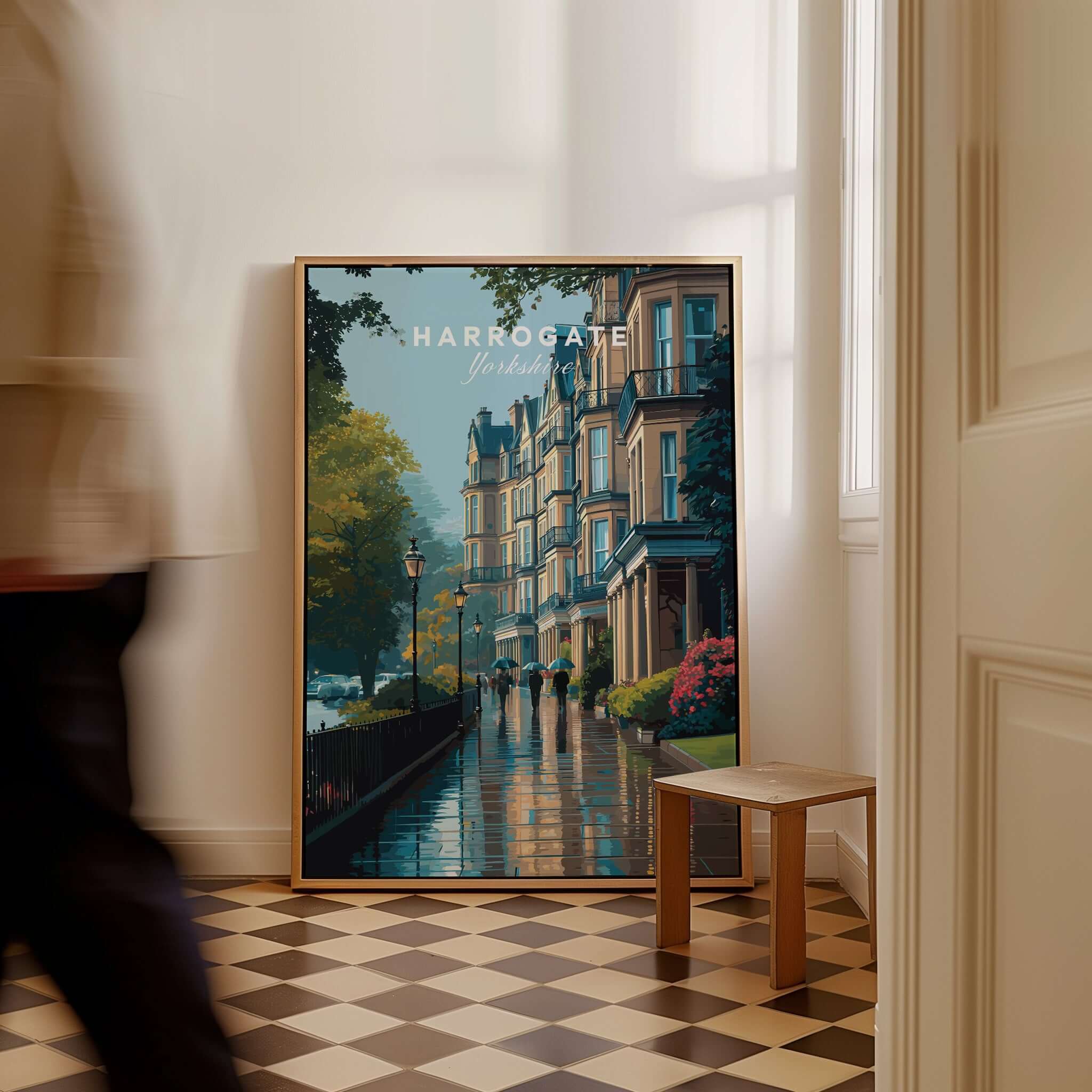 Harrogate Classic British Town Scene Print | English Architecture Wall Art displayed in an elegant interior setting.