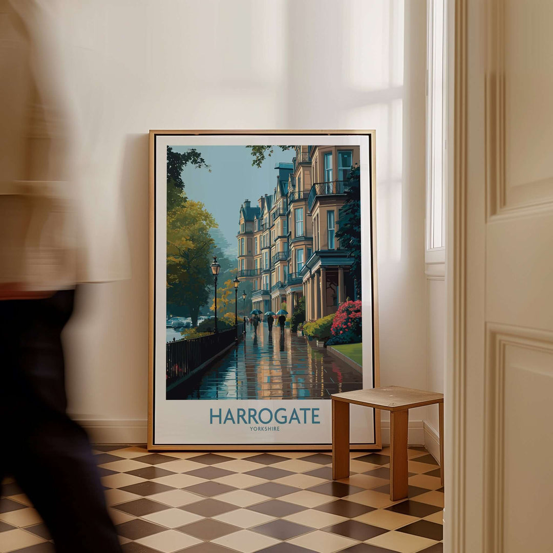 Harrogate Yorkshire Victorian Terrace Art Print | Rainy Street Poster displayed in a stylish interior setting.
