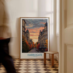 Harrogate Yorkshire Autumn Street Art Print | Sunset Avenue Poster displayed in a cozy interior with autumn colors.