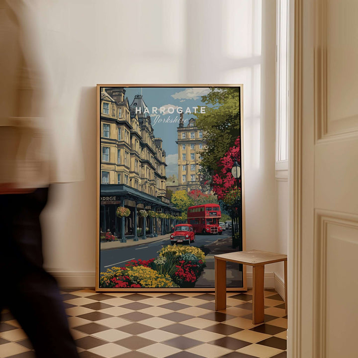 Harrogate Print | English City Wall Decor featuring a vibrant street scene with red bus and flowers.