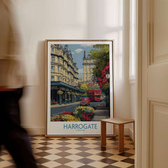 Harrogate Yorkshire Print | Floral Street Scene Poster displayed in a cozy room with a person walking by.
