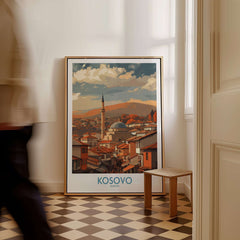 Kosovo Prizren Old Town Art Print | Historic Mosque View Poster displayed in a stylish interior setting.