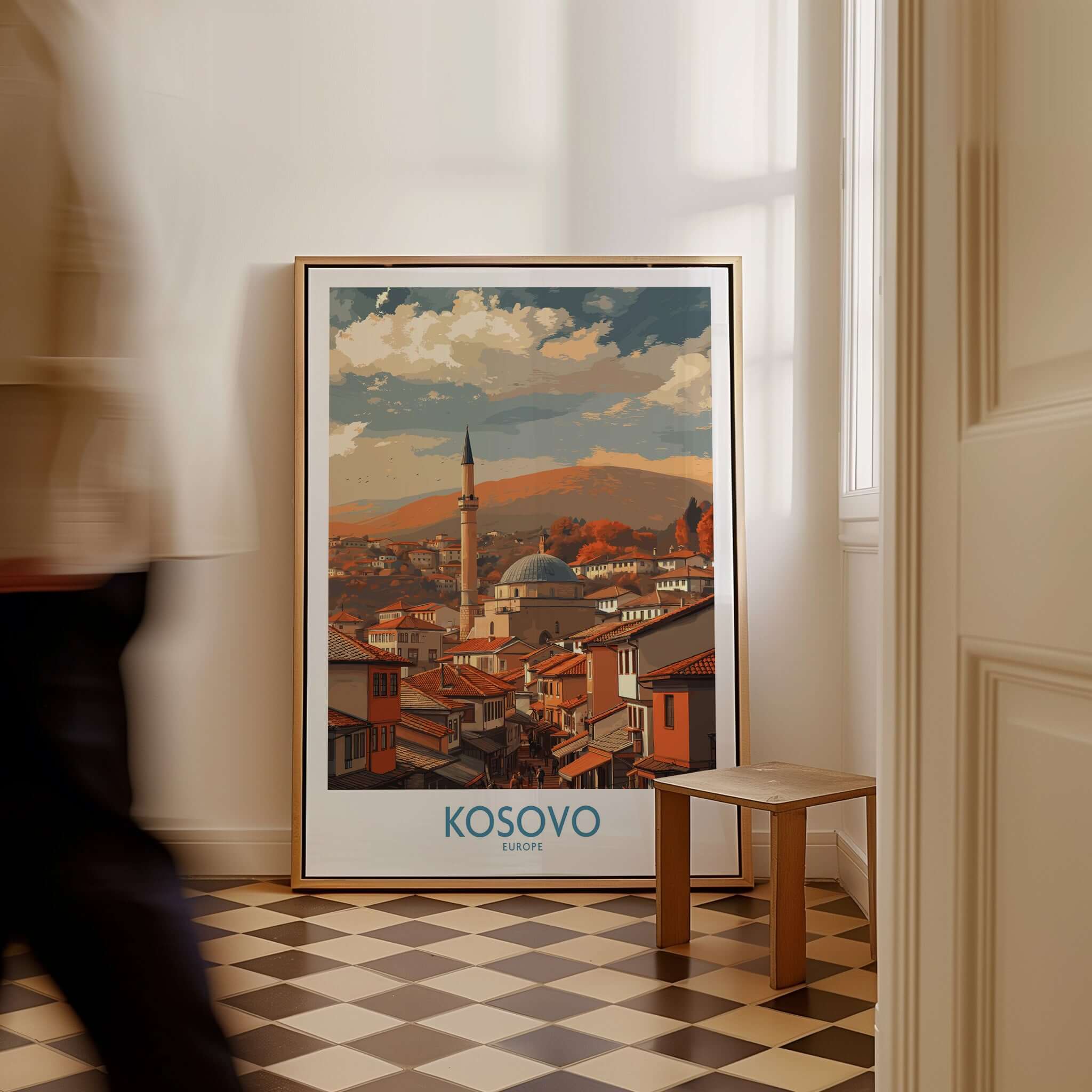 Kosovo Prizren Old Town Art Print | Historic Mosque View Poster displayed in a stylish interior setting.