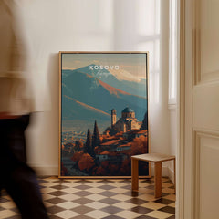 Kosovo Historic Church Hill View Canvas Print | European Wall Decor featuring a picturesque landscape of Kosovo.