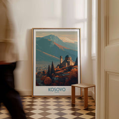 Kosovo Monastery and Mountains Art Print | Autumn Balkan Landscape Poster framed in a cozy interior setting.