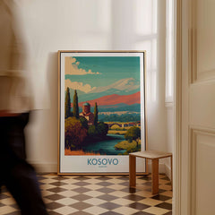 Kosovo Art Print | Snowy Mountain Balkan Poster showcasing Kosovo's landscape with mountains and a picturesque scene.