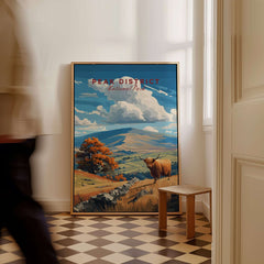 Peak District Mam Tor View Canvas Print | Autumn Landscape Wall Decor displayed in a stylish room with a person walking by.