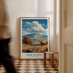 Peak District National Park Highland Cow Art Print | Derbyshire Landscape Poster displayed in a stylish interior setting.