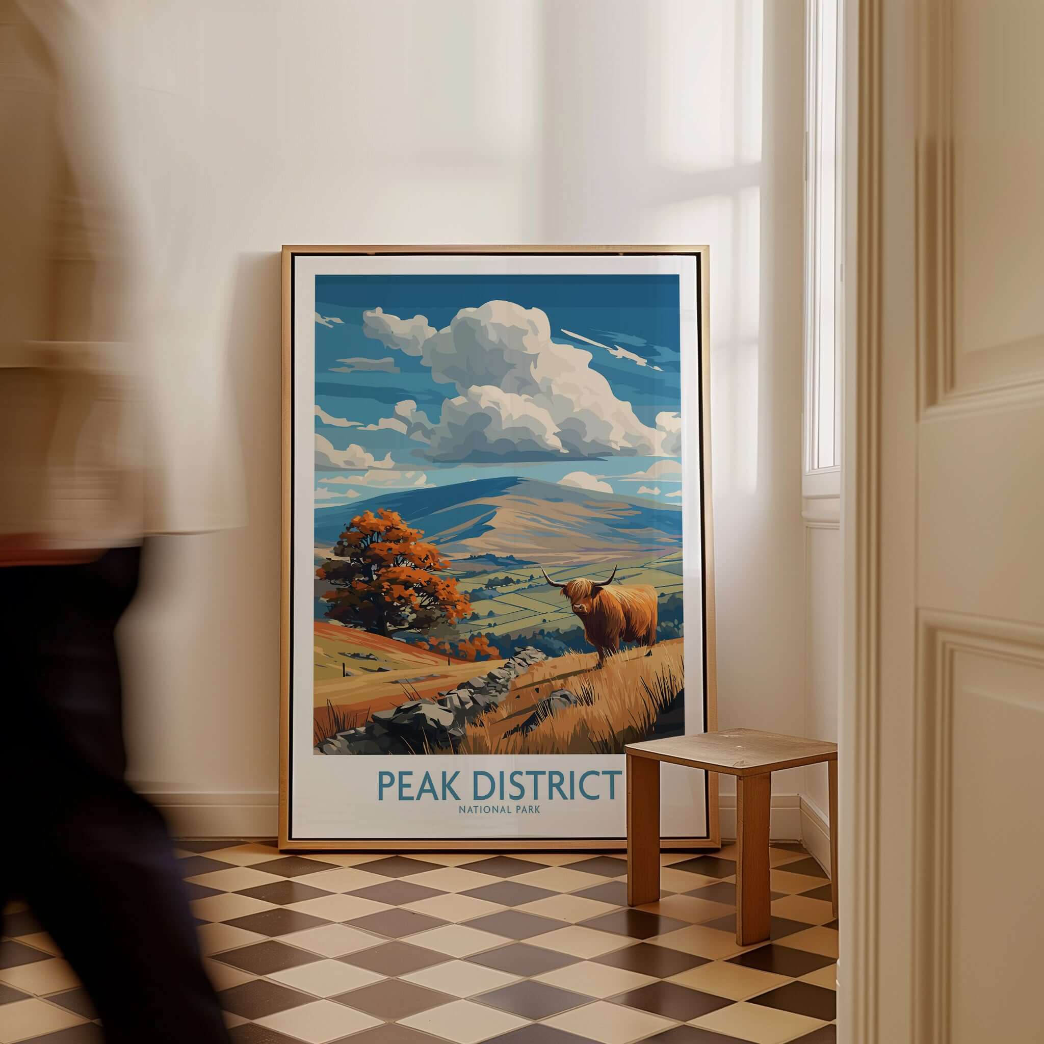 Peak District National Park Highland Cow Art Print | Derbyshire Landscape Poster displayed in a stylish interior setting.