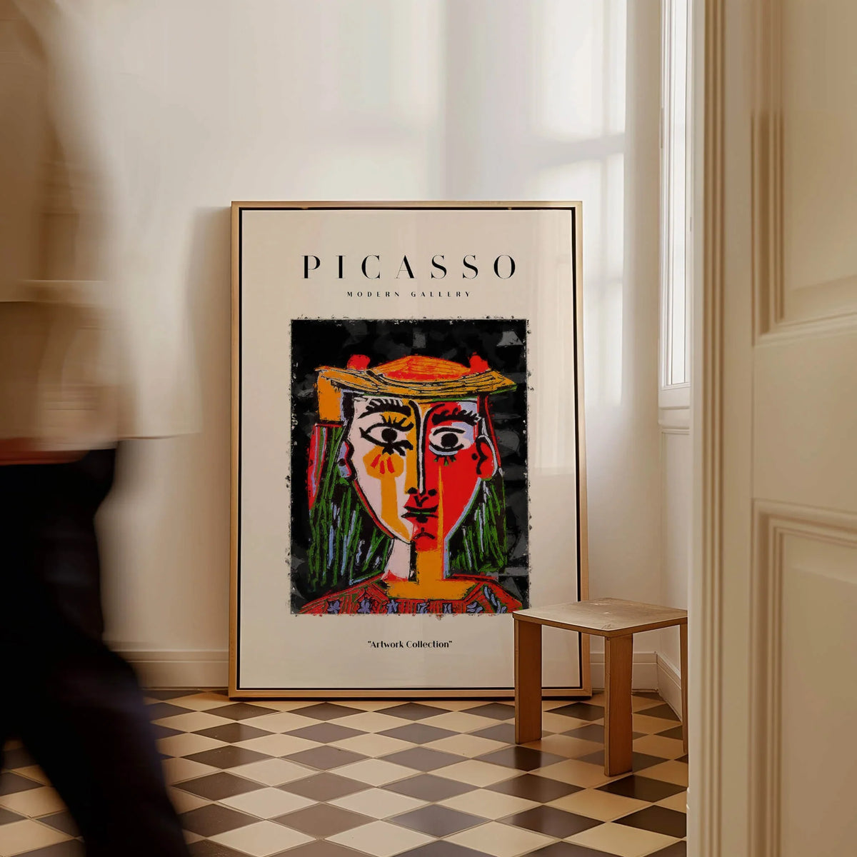 Picasso Woman in Hat Red Yellow Face Portrait Poster Colorful Abstract Artwork Print displayed in a stylish interior.