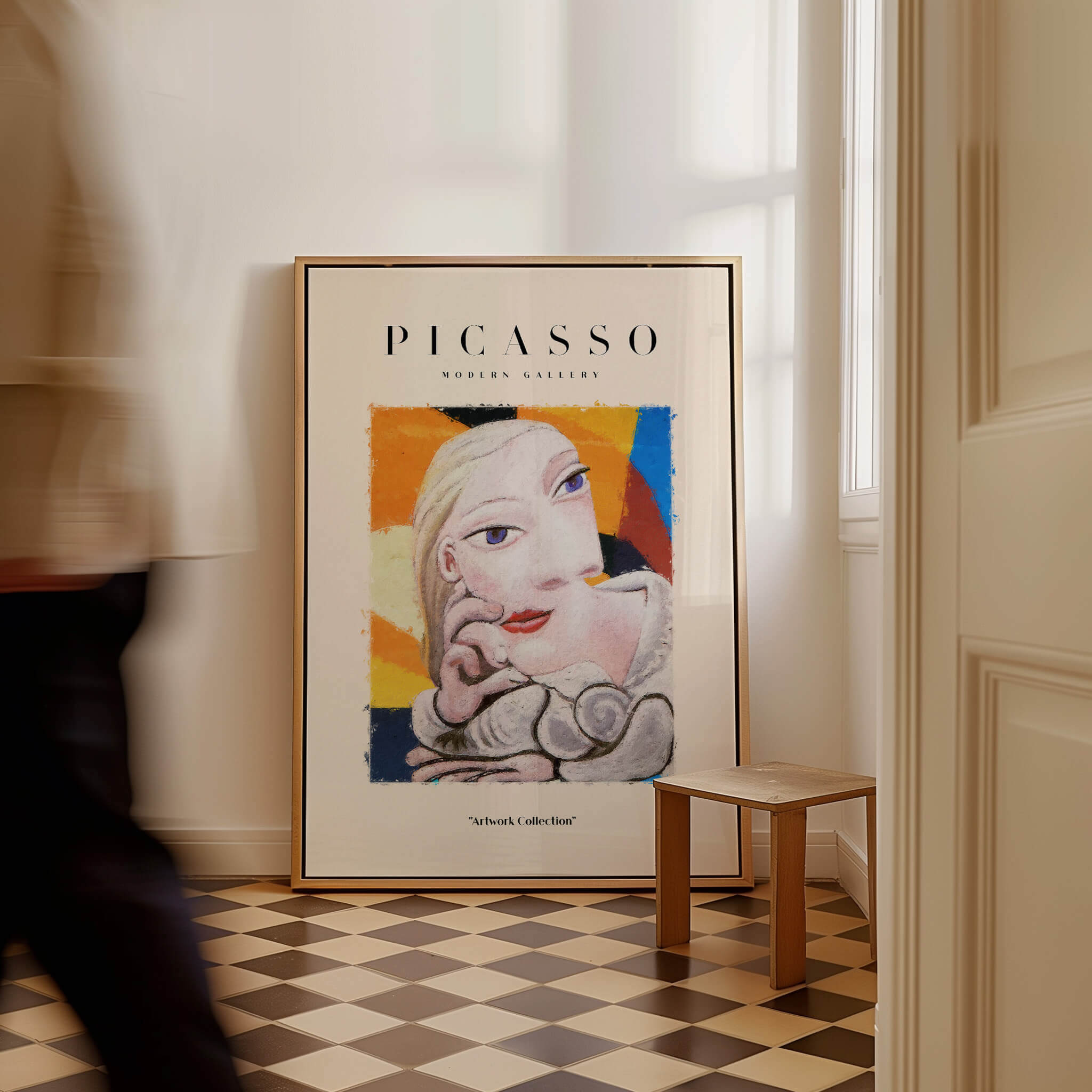 Picasso Blonde Woman Abstract Portrait Print Cubist Style Poster Artwork Collection displayed in a modern interior setting.