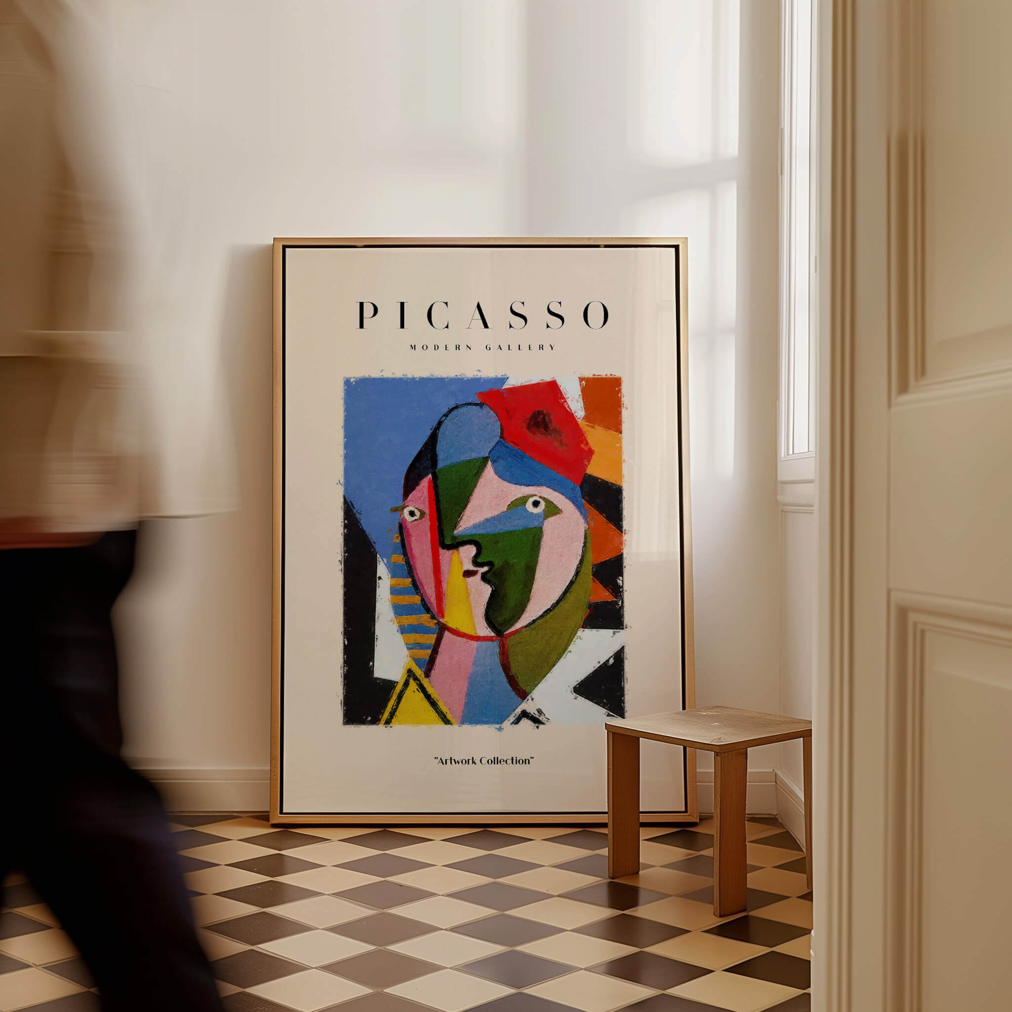 Picasso Geometric Face Abstract Art Print Colorful Cubist Portrait Poster Artwork Collection displayed in a stylish interior.