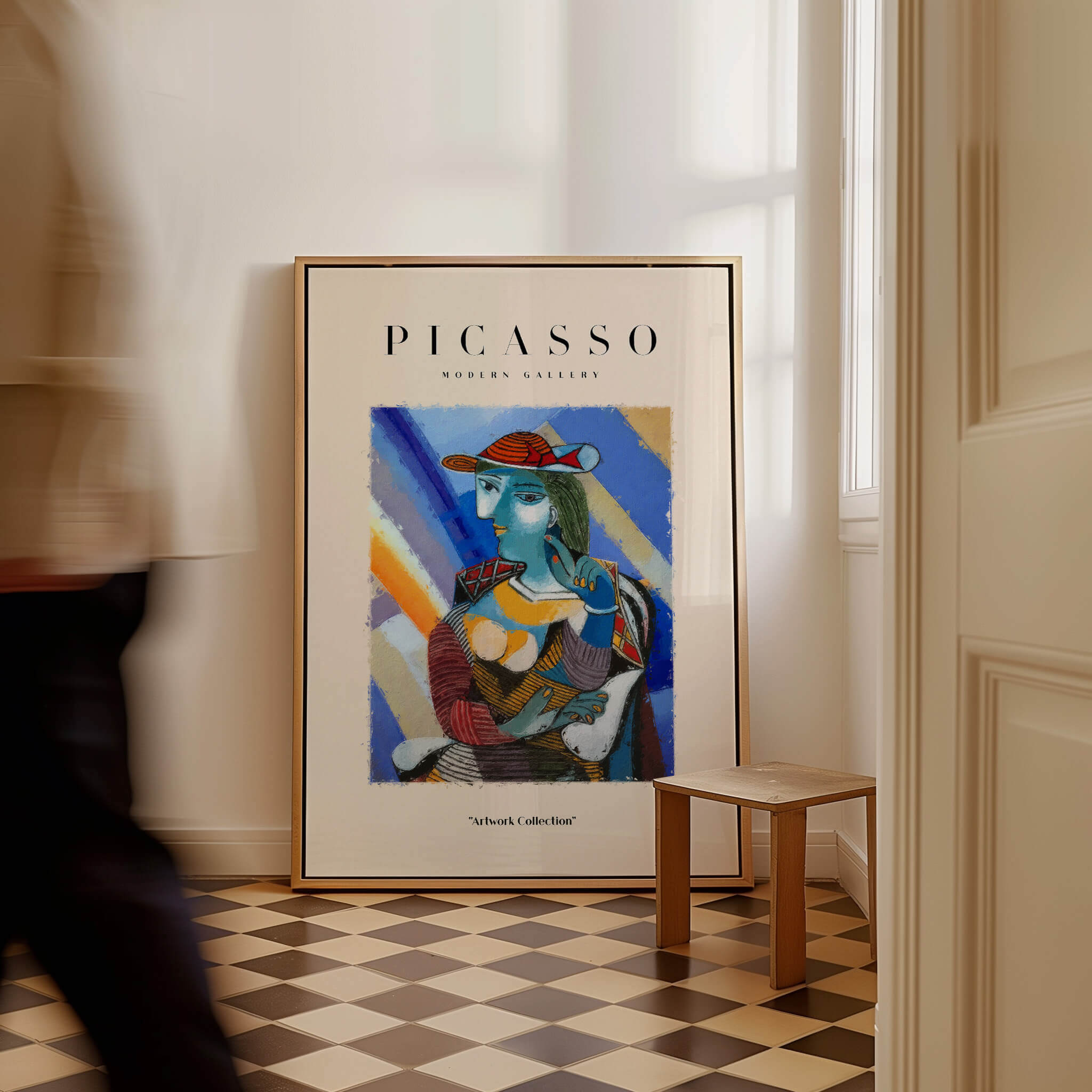 Picasso Woman Red Hat Blue Face Portrait Print Colorful Cubist Poster Artwork Collection displayed in modern interior setting.