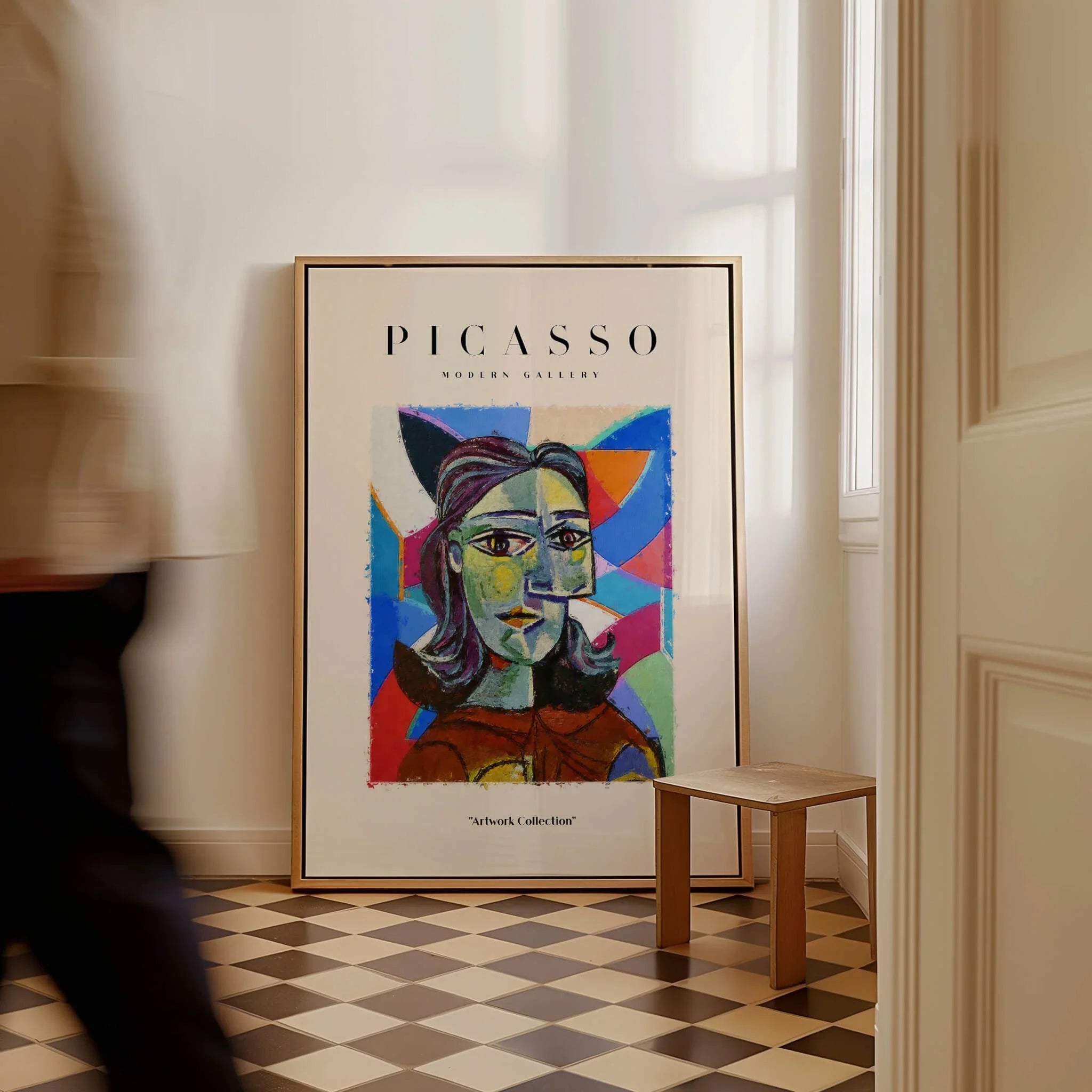 Picasso Woman Portrait Fragmented Abstract Poster Colorful Artwork Print Modern Gallery displayed in a bright room.