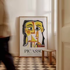 Picasso Stylized Portrait Jacqueline 1962 Abstract Art Print Yellow Red Poster displayed in a stylish interior setting.