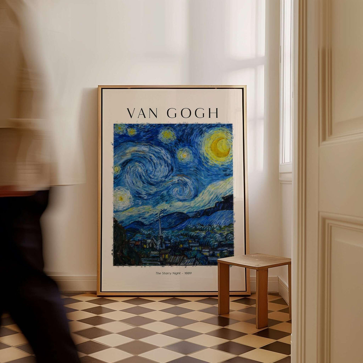 Starry Night Print:  Vincent van Gogh Poster featuring vibrant night sky and swirling stars in a stylish interior setting.