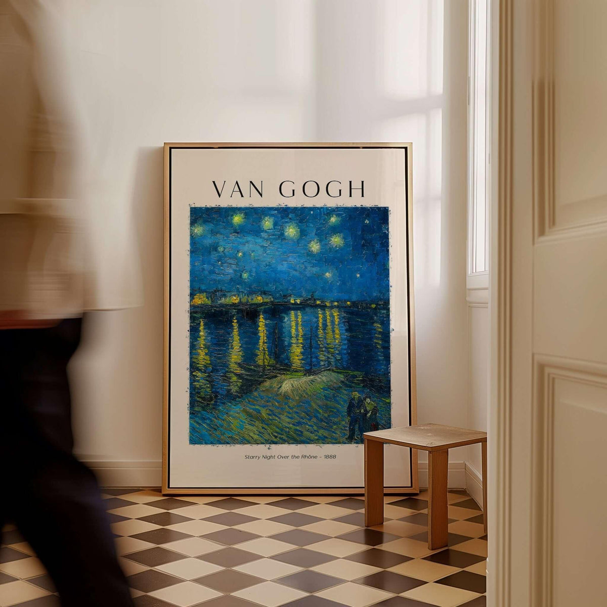 Vincent van Gogh Starry Night Over the Rhône 1888 Post Impressionist Landscape Poster Print displayed in a stylish interior.